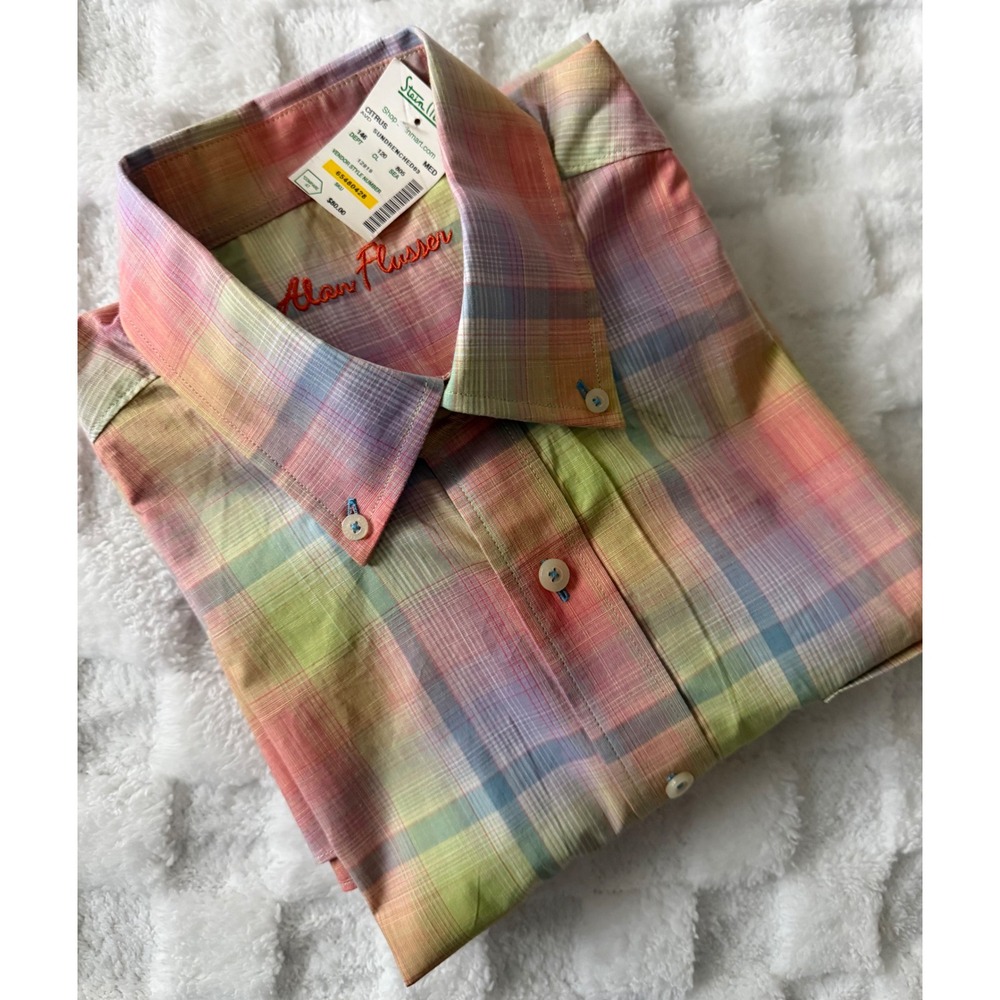 Alan Flusser Mens Citrus Sundrenched Plaid Cotton Button Down Shirt Med NWT